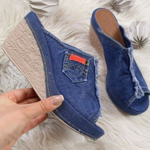 2023 Summer New Women's High Heels Fashion Denim Slippers Women Wedge Heel Platform Shoes Outdoor Beach Sandals Ladies Slippers