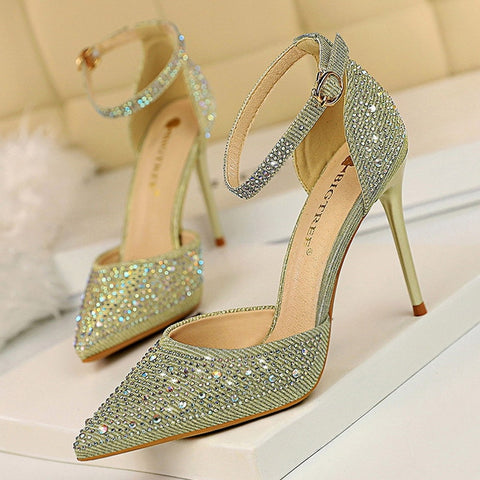 BIGTREE Shoes Shiny Rhinestones High Heels Ladies Shoes Women Pumps Stiletto Sweet Women Heels Wedding Shoes Women Sandals 10 Cm