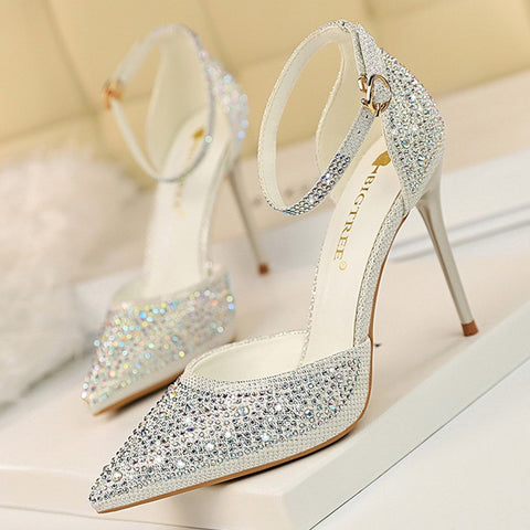 BIGTREE Shoes Shiny Rhinestones High Heels Ladies Shoes Women Pumps Stiletto Sweet Women Heels Wedding Shoes Women Sandals 10 Cm