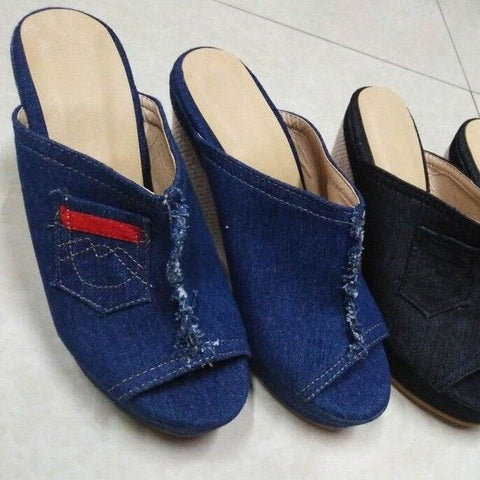 2023 Summer New Women's High Heels Fashion Denim Slippers Women Wedge Heel Platform Shoes Outdoor Beach Sandals Ladies Slippers