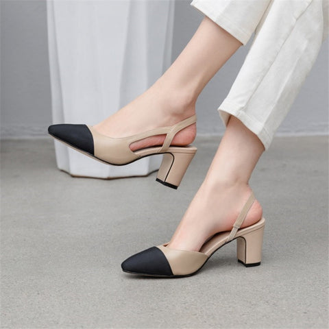 Meotina Low Heels Real Leather Slingbacks Shoes Women Square Toe Pumps Thick Heel Shoes Brand Design Lady Footwear 2023 Size 40