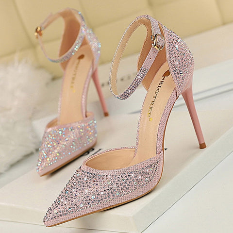 BIGTREE Shoes Shiny Rhinestones High Heels Ladies Shoes Women Pumps Stiletto Sweet Women Heels Wedding Shoes Women Sandals 10 Cm