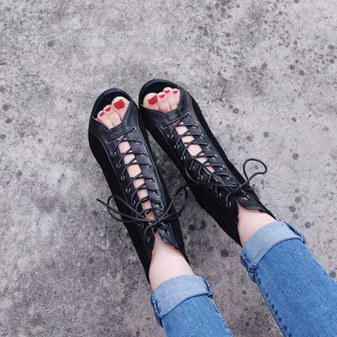 Lace-Up Sandals Heels 9CM Women's Shoes Summer 2022 Trend Black Sexy Peep Toe Boots Fashion Cloth Stilettos Jazz Dance Female