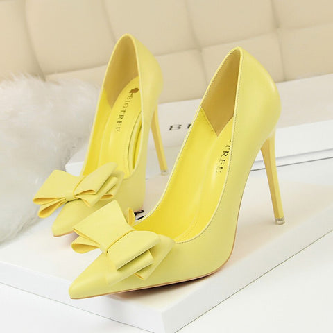 Women Fetish 10.5cm High Heels Blue Yellow Pumps Butterfly Knot Leather Stiletto Heels Lady Escarpins Wedding Party Event Shoes