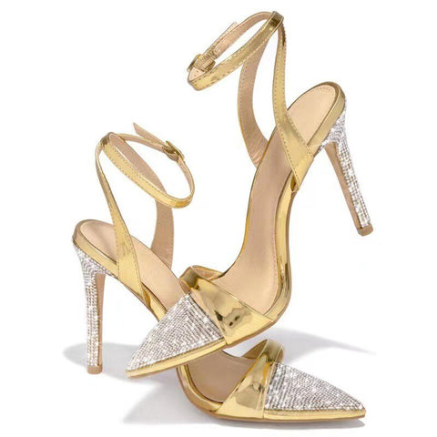 2023 Hot Sale Shoes Female Elegant Party Sandals Women Wedding Banquet Shoes High Heels Gold Sandalias Sexy Crystal Pointed Toe