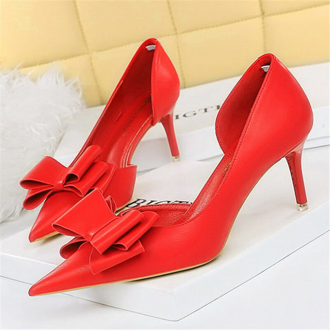 Women 7.5cm 10cm High Heels Korean Pumps Scarpins Cute Bow Middle Low Heels Lady Fetish Sweet Wedding Bridal Yellow Blue Shoes