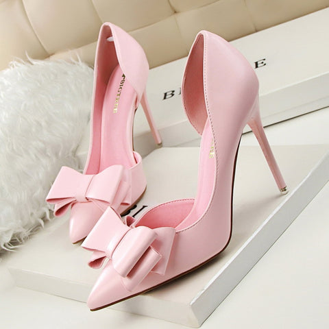 Women 7.5cm 10cm High Heels Korean Pumps Scarpins Cute Bow Middle Low Heels Lady Fetish Sweet Wedding Bridal Yellow Blue Shoes