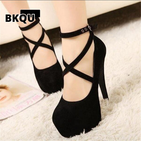 BKQU Red Black Super High Heel Stiletto Ladies Dress Pumps Fashion Cross Strap Party Platform Sandals Women's Scarpins Shoes