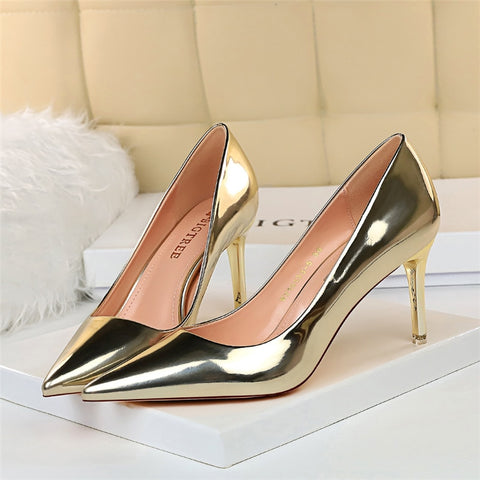 Women Patent Leather Pumps 7.5cm 10.5cm High Heels Lady Stiletto Low Heels Wedding Bridal Mteallic Silver Gold Sparkly Shoes