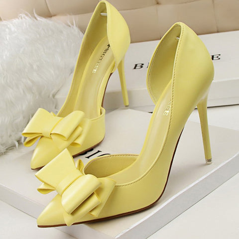 Women 7.5cm 10cm High Heels Korean Pumps Scarpins Cute Bow Middle Low Heels Lady Fetish Sweet Wedding Bridal Yellow Blue Shoes