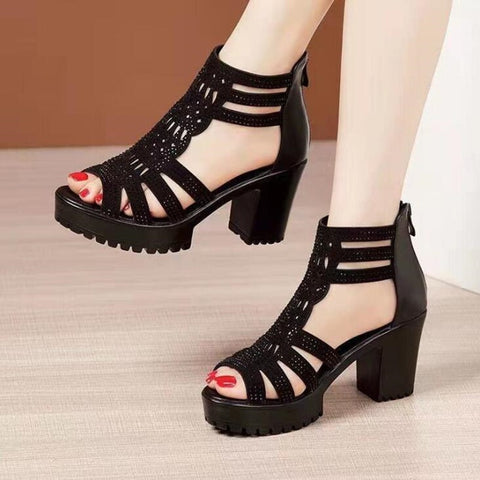 High Heels Sandals Woman Gladiator Open Head Sexy Black Rivet Block Heel Platform Shoes Summer Back Zip Size 35-40 Women Sandals