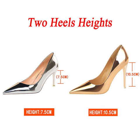 Women Patent Leather Pumps 7.5cm 10.5cm High Heels Lady Stiletto Low Heels Wedding Bridal Mteallic Silver Gold Sparkly Shoes