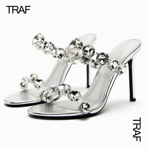 TRAF Rhinestone Heeled Sandals Women's Mules Sandals Summer 2023 Luxury Designer Stiletto Transparent High-heeled Sandals Ladies