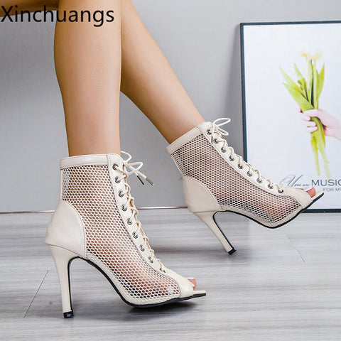 Women Summer Hollow Mesh Heels Sandals Lace-Up Peep Toe Boots Dance Female Shoes