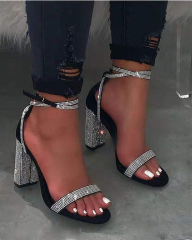 Comemore High-heeled Women's Party Shoes Rhinestone Chunky Heels High-heeled Ankle Strap Sandals for Women Luxury Size 43 Black