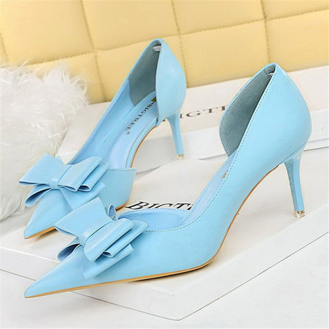 Women 7.5cm 10cm High Heels Korean Pumps Scarpins Cute Bow Middle Low Heels Lady Fetish Sweet Wedding Bridal Yellow Blue Shoes