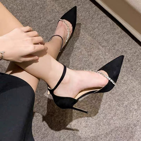 2023 Kmeioo Elegant Wedding Shoes Woman Ankle Strap Sandals Jewel Thin Heels Brideshoes Pointed Toe High Heels Slingback Pumps