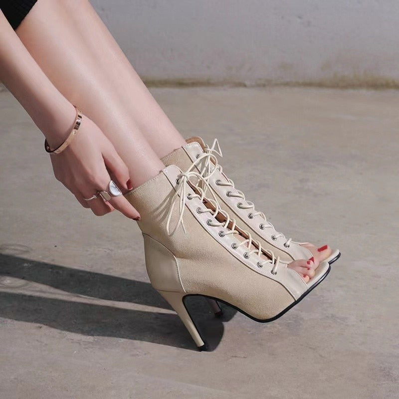 Lace-Up Sandals Heels 9CM Women's Shoes Summer 2022 Trend Black Sexy Peep Toe Boots Fashion Cloth Stilettos Jazz Dance Female