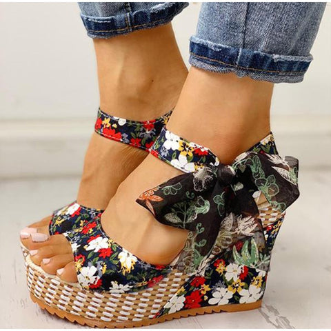 Ladies Summer Beach Boho Floral Wedge Sandals Women Ankle Strap Platform Gladiator Shoes Woman High Heels Sandalias Mujer