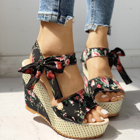 Heel Footwear Ladies Shoes Platform Floral Women's Lace-up Wedges Comfy Wedge Sandals For Women Dressy Sandals For Women