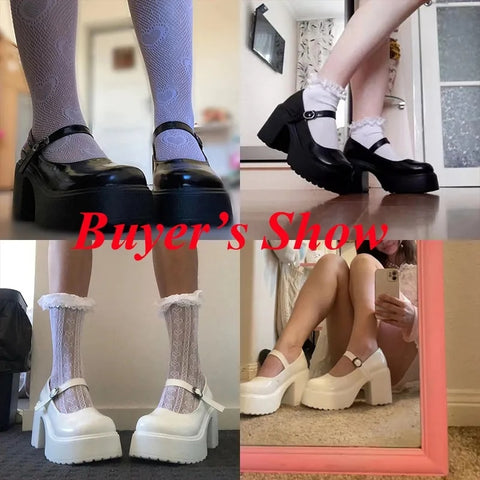 Black Super High Heels Mary Jane Shoes Women 2023 Goth Chunky Platform Pumps Woman Plus Size Ankle Buckle Party Lolita Shoes 42