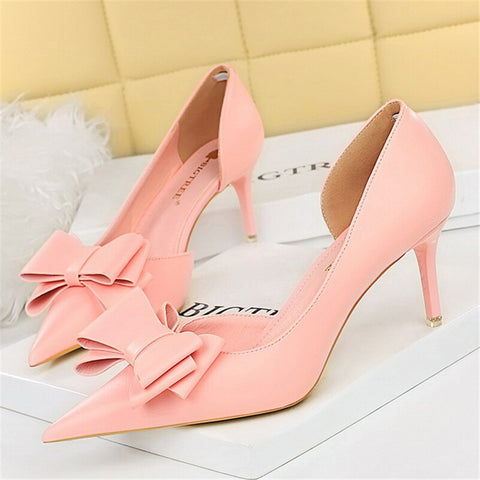 Women 7.5cm 10cm High Heels Korean Pumps Scarpins Cute Bow Middle Low Heels Lady Fetish Sweet Wedding Bridal Yellow Blue Shoes