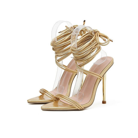 2023 Hot Sale Shoes Female Elegant Party Sandals Women Wedding Banquet Shoes High Heels Gold Sandalias Sexy Crystal Pointed Toe