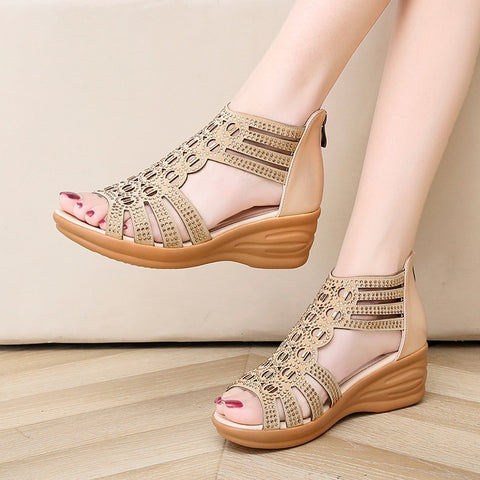 Crystal Sandals Women Wedges Comfortable High Heels Hollow Out Zipper Sandals Women Shoes Comfortable Flat Stylish Sandals