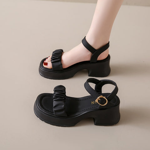 2023 Women's Summer New Solid Color Fairy Style One Line Buckle Thick Sole Sandals Mesh Infrared Wearing High Heels Female