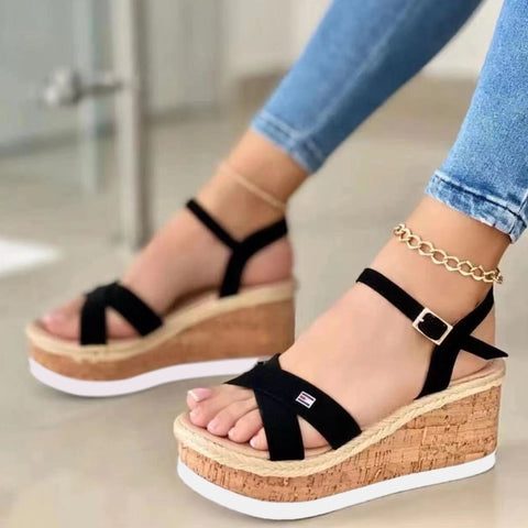 New Wedge Heel Thick Sole Ladies Sandals Summer Set Foot Color Matching Fashion Word Buckle Roman Casual Women's Shoes