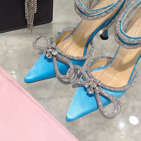 Fashion Style Glitter Rhinestones Women Pumps Crystal Bow 9 Cm Summer Lady Shoes Genuine Leather High Heels Party Prom Shoes