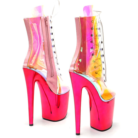 Leecabe  20CM/8inches TPU Transparent  Hot pink color   upper ankle boots fashion shoes  High Heel platform Pole Dance boot