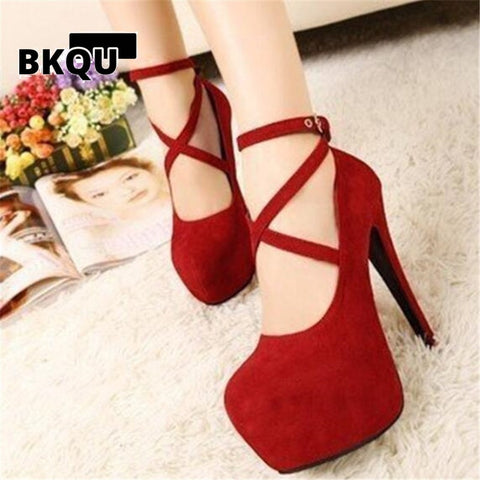 BKQU Red Black Super High Heel Stiletto Ladies Dress Pumps Fashion Cross Strap Party Platform Sandals Women's Scarpins Shoes