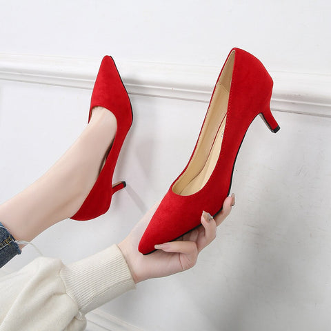 5cm New Fashion Pointed Toe Flock Pumps Low Heels Ladies Dress Women Red Shoes 44 45 46