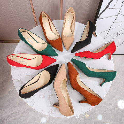 5cm New Fashion Pointed Toe Flock Pumps Low Heels Ladies Dress Women Red Shoes 44 45 46