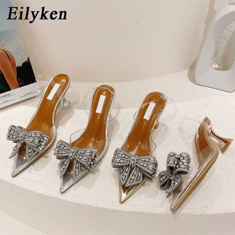 Eilyken Spring Autumn Crystal Sequined Bowknot Silver Women Pumps Low High Heels PVC Transparent Sandals Party Wedding Prom Shoe