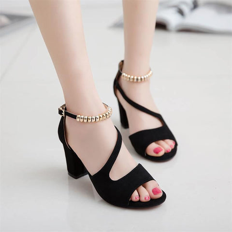 spring summer sexy fish mouth hollow Roman sandals thick with word with beaded high heels female summer Sexy female sandals