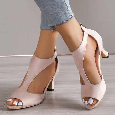 Summer Women Sandals Fashion High Heels Back Zipper Peep-toe Shoes Side Hollow Slim Heel Roman Sandals Casual Comfortable Shoes