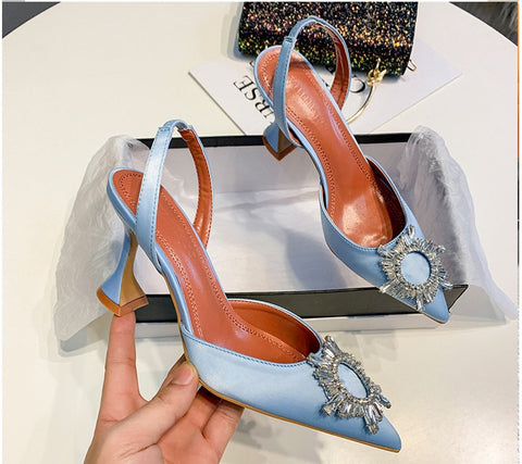 Big Size 41 42 Blue Women Pumps Silk Satin Pointy Toe Rhinestone Crystal High Heels Shoes Slip On Women Wedding Pumps Sandal