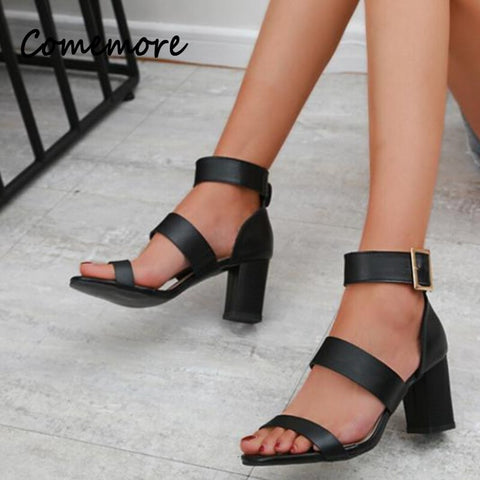 Comemore 2023 New Summer Women's Sandals Fashion Buckle Square Heel High Heels Open Toe Sandal Women Sexy Solid Party Shoes 43