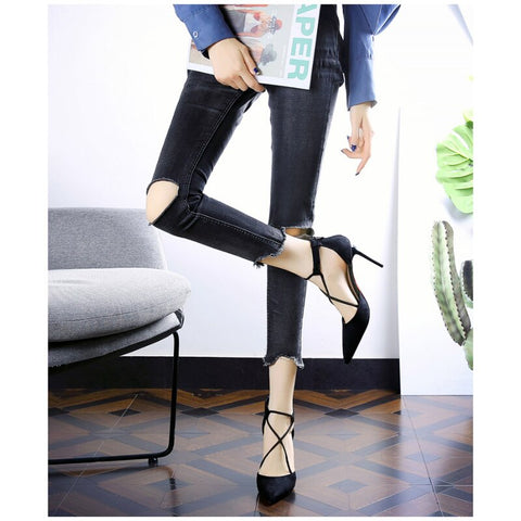 2023 Women's Sandals Spring and Summer Fresh French Girl High Heels Black Suede Stiletto Sandals Pointed Toe Strap Hollow Shoes