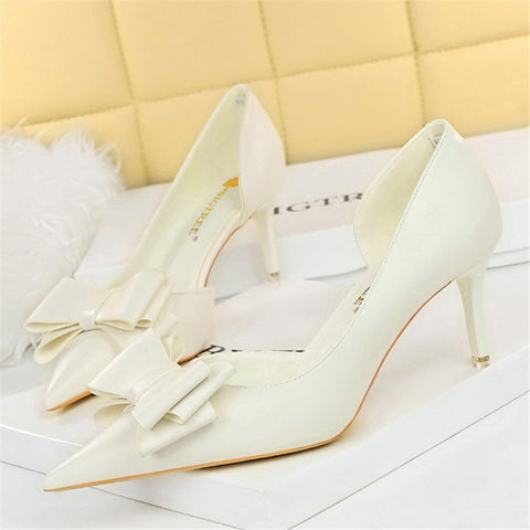 Women 7.5cm 10cm High Heels Korean Pumps Scarpins Cute Bow Middle Low Heels Lady Fetish Sweet Wedding Bridal Yellow Blue Shoes