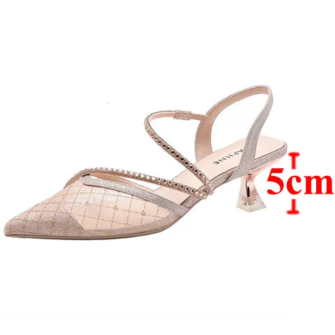 Bling Crystal High Heels Sandals for Women Summer Pointed Toe Rhinestones Thin Heel Pumps Woman Sexy Transparet Mesh Party Shoes