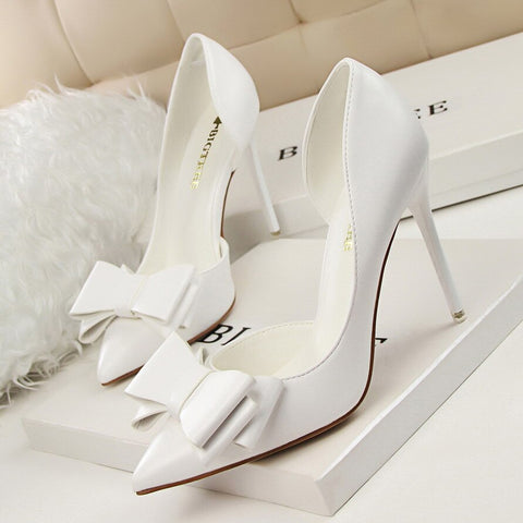 Women 7.5cm 10cm High Heels Korean Pumps Scarpins Cute Bow Middle Low Heels Lady Fetish Sweet Wedding Bridal Yellow Blue Shoes