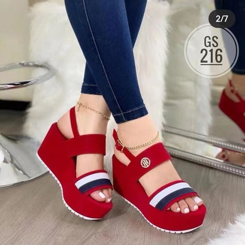 New Wedge Heel Thick Sole Ladies Sandals Summer Set Foot Color Matching Fashion Word Buckle Roman Casual Women's Shoes