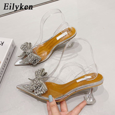 Eilyken Spring Autumn Crystal Sequined Bowknot Silver Women Pumps Low High Heels PVC Transparent Sandals Party Wedding Prom Shoe