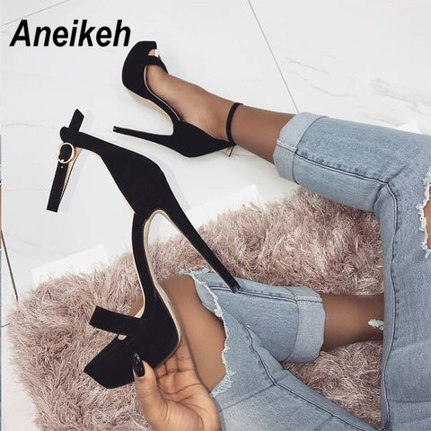 Aneikeh Sexy Gladiator Platform Buckle Strap Women Sandals 2023 Thin High Heels Club Party Shoes Summer Sandalias De Mujer Black