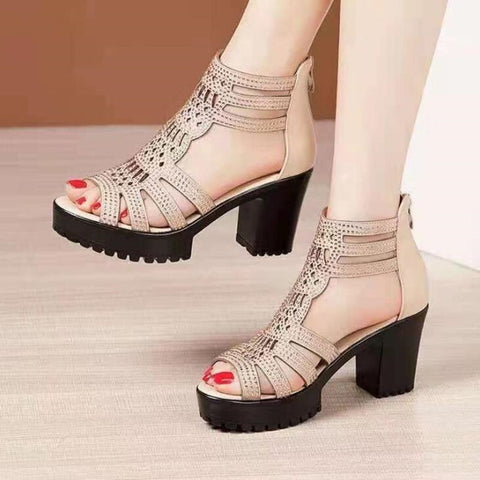 High Heels Sandals Woman Gladiator Open Head Sexy Black Rivet Block Heel Platform Shoes Summer Back Zip Size 35-40 Women Sandals