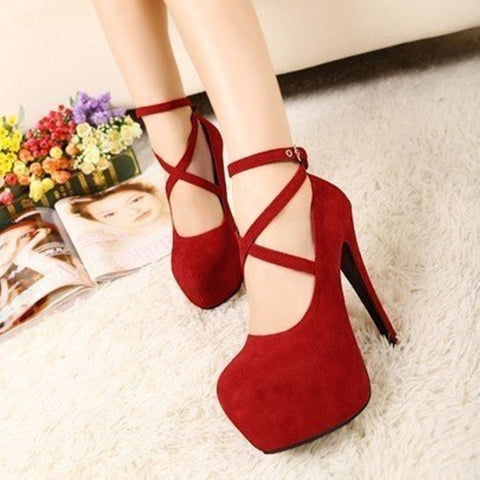 BKQU Red Black Super High Heel Stiletto Ladies Dress Pumps Fashion Cross Strap Party Platform Sandals Women's Scarpins Shoes