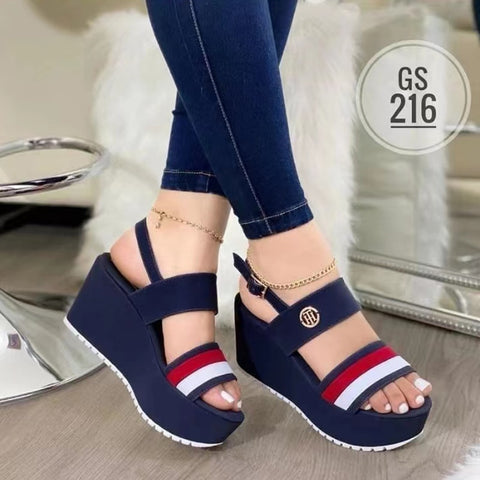 New Wedge Heel Thick Sole Ladies Sandals Summer Set Foot Color Matching Fashion Word Buckle Roman Casual Women's Shoes